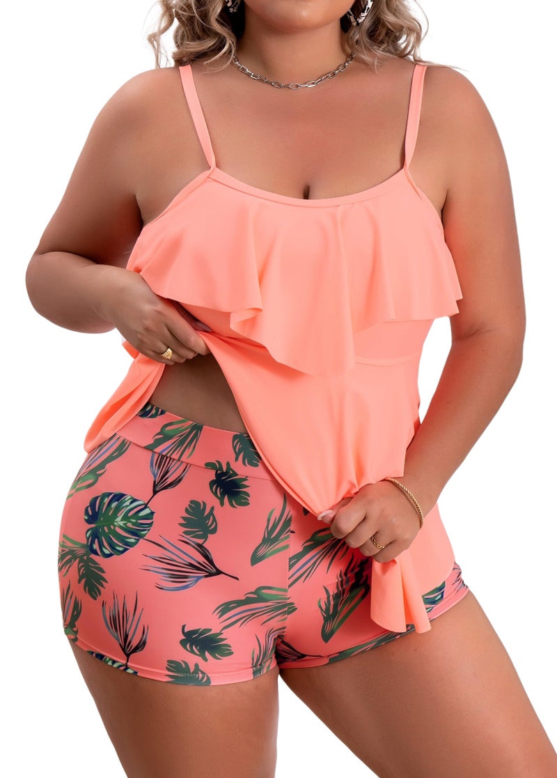 B2prity Women Plus Size Tankini Swimsuits Tummy Control Two Piece Bathing Suit Ruffled Flounce Swimwear with Shorts Peach